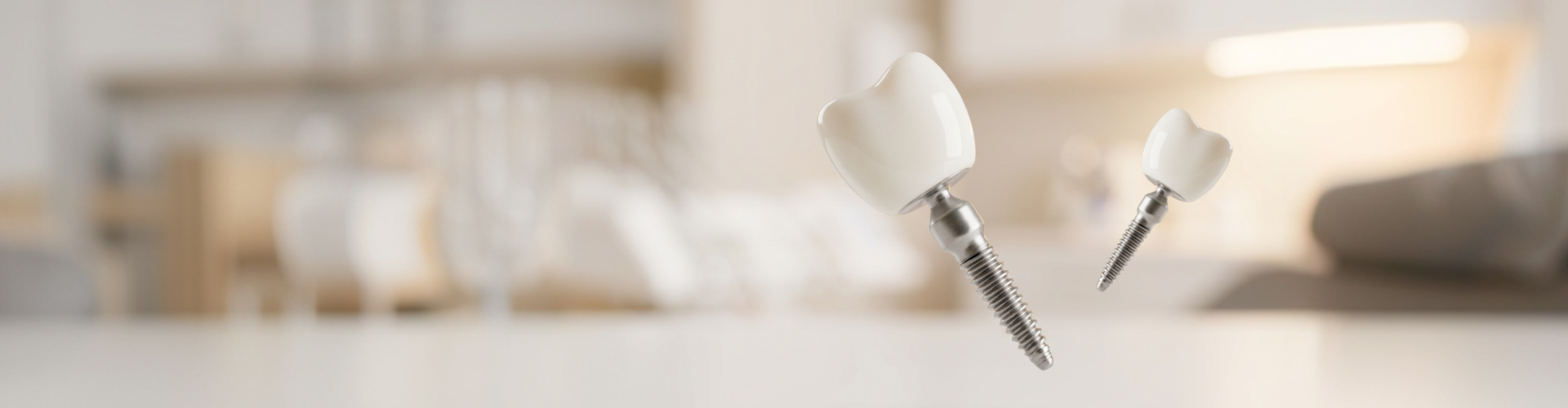 Two mini dental implants floating above surface in dental office.
